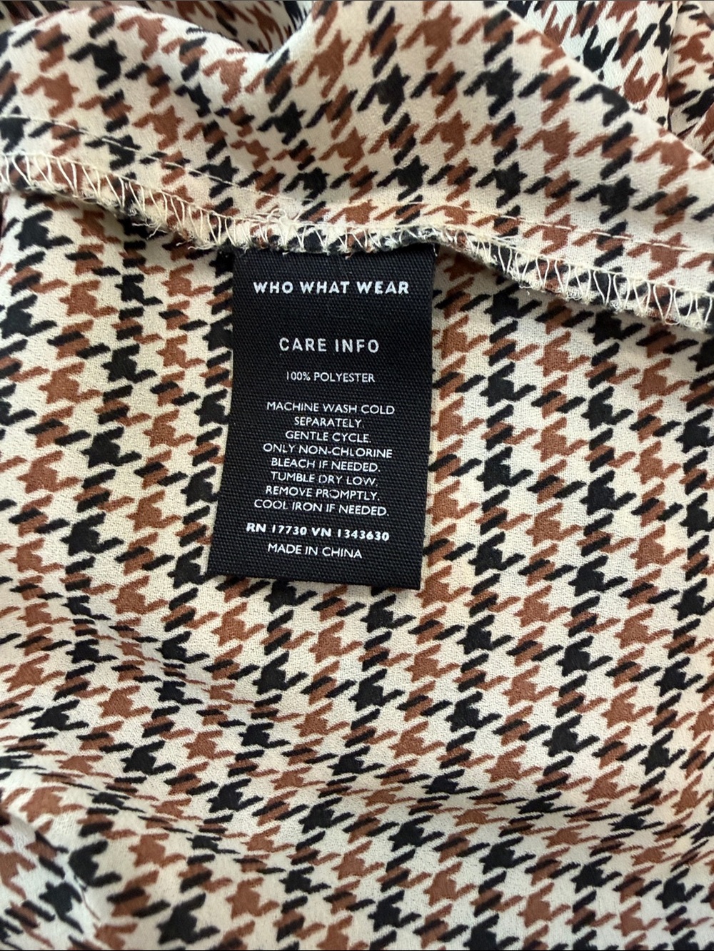 Who What Wear Houndstooth Tie-Neck Blouse in Black, Cream & Brown Women’s medium - Picture 5 of 7